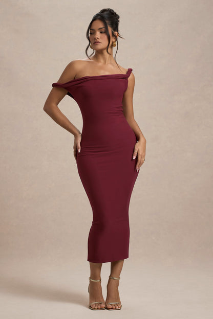 Salome | Vestido Midi burdeos con escote asimétrico retorcido