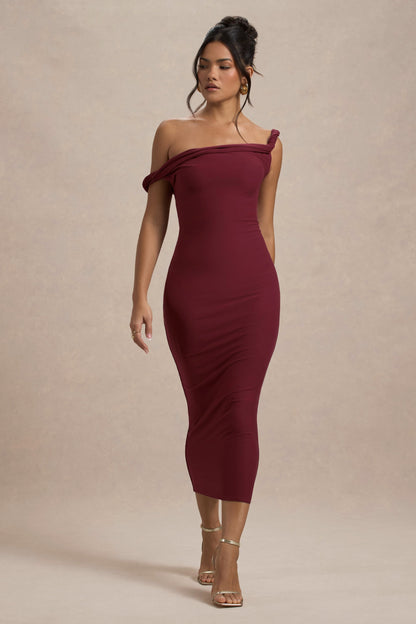 Salome | Vestido Midi burdeos con escote asimétrico retorcido