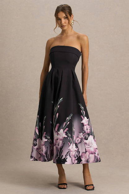 Annalise | Vestido midi con escote palabra de honor y estampado floral en cenefa rosa