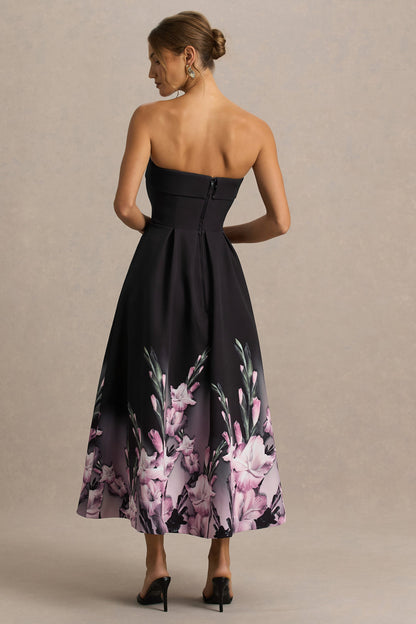 Annalise | Vestido midi con escote palabra de honor y estampado floral en cenefa rosa