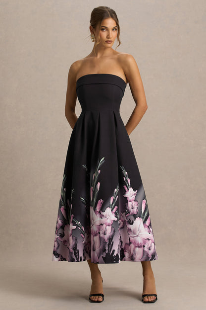 Annalise | Vestido midi con escote palabra de honor y estampado floral en cenefa rosa