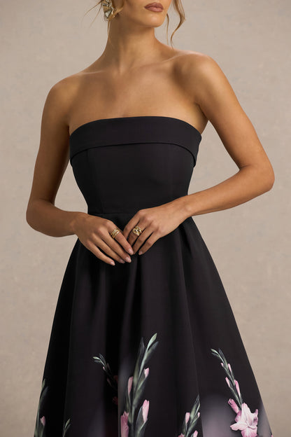 Annalise | Vestido midi con escote palabra de honor y estampado floral en cenefa rosa