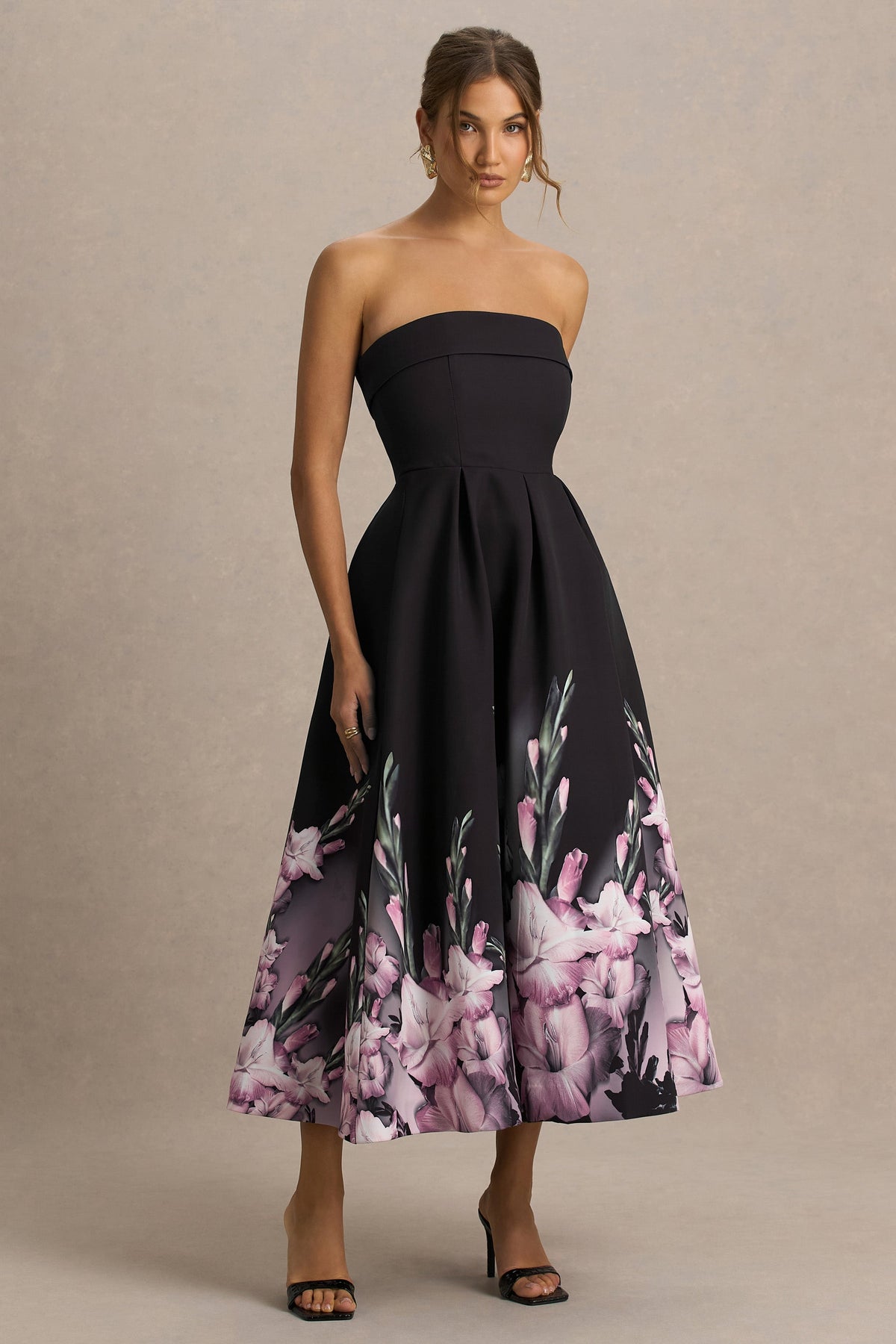 Annalise | Vestido midi con escote palabra de honor y estampado floral en cenefa rosa