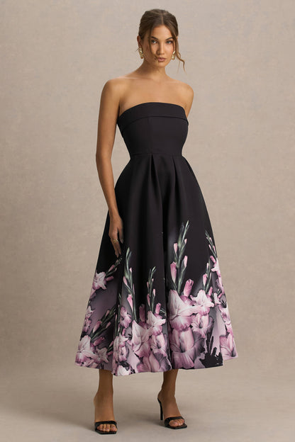 Annalise | Vestido midi con escote palabra de honor y estampado floral en cenefa rosa
