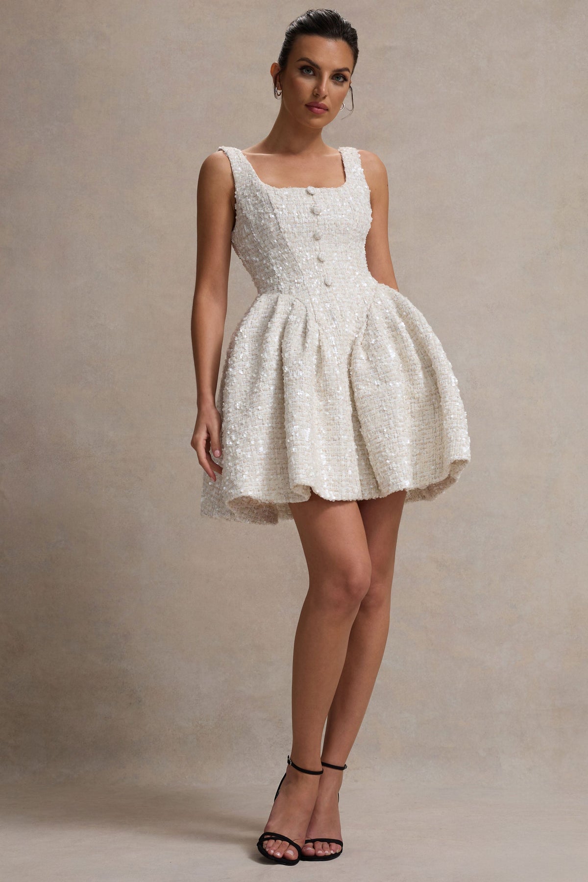 Sugar Plum | Vestido corto de bouclé con falda vaporosa y escote cuadrado