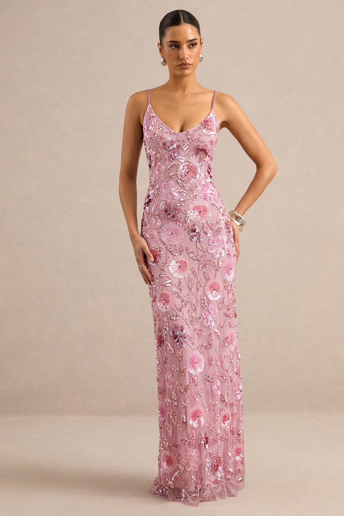 Gemini | Vestido Largo Rosa Con Tirantes Y Pedrería