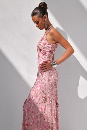 Gemini | Vestido Largo Rosa Con Tirantes Y Pedrería