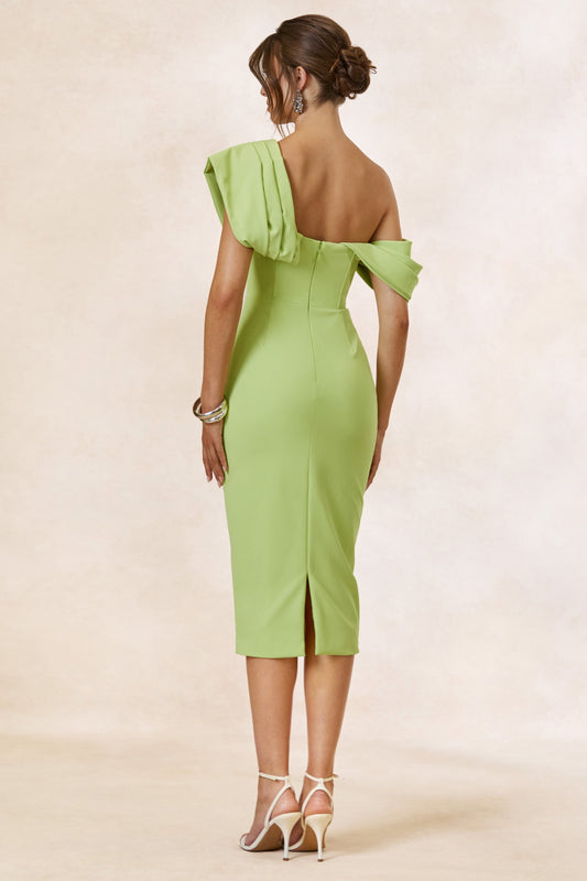 Adrina | Vestido Midi Lima con Escote Asimétrico Drapeado