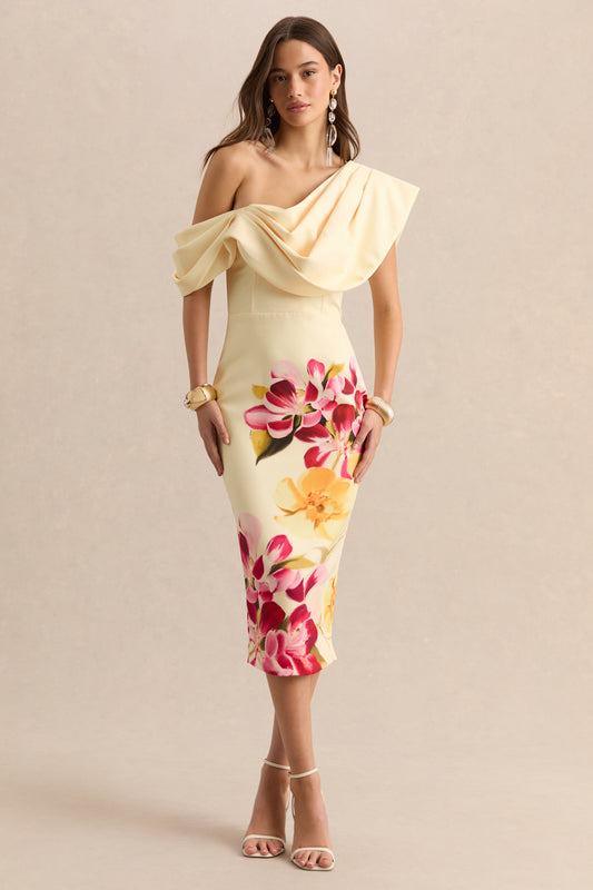 Adrina | Rosa Intenso y Limón Estampado Floral Drapeado Un Hombro Vestido Midi