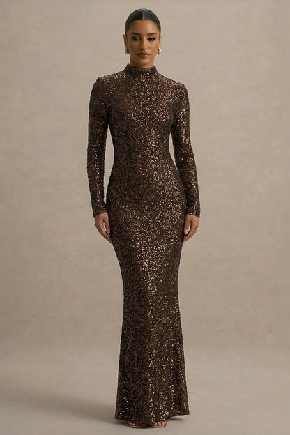 Galaxy | Vestido Largo Marrón de Lentejuelas con Cuello Cisne y Mangas Largas