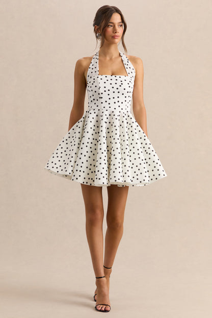 Peggy | Blanco y Negro Lunares Cuello Halter Evasé Vestido Corto