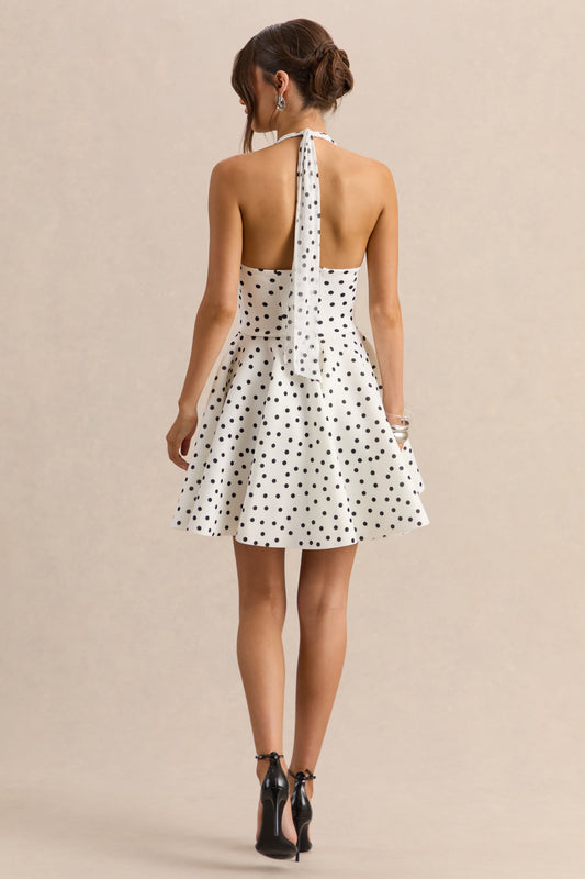 Peggy | Blanco y Negro Lunares Cuello Halter Evasé Vestido Corto