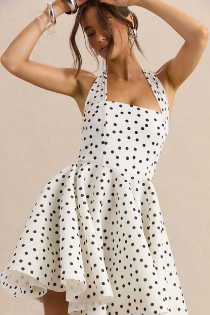 Peggy | Blanco y Negro Lunares Cuello Halter Evasé Vestido Corto
