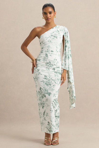 Clementina | Vestido largo verde con estampado de porcelana y manga tipo capa asimétrica
