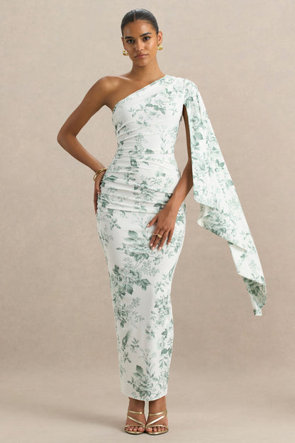 Clementina | Vestido largo verde con estampado de porcelana y manga tipo capa asimétrica