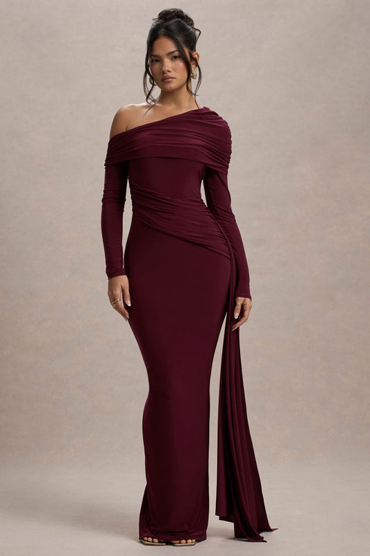 Valina |  Vestido largo en  Burdeos Fruncido Asimétrico con Caída