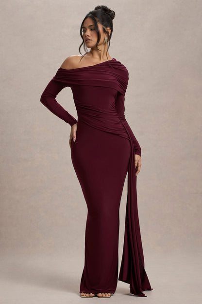 Valina |  Vestido largo en  Burdeos Fruncido Asimétrico con Caída