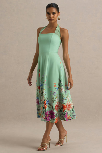Auburn | Vestido midi con escote halter en verde menta con detalle de flores en el bajo