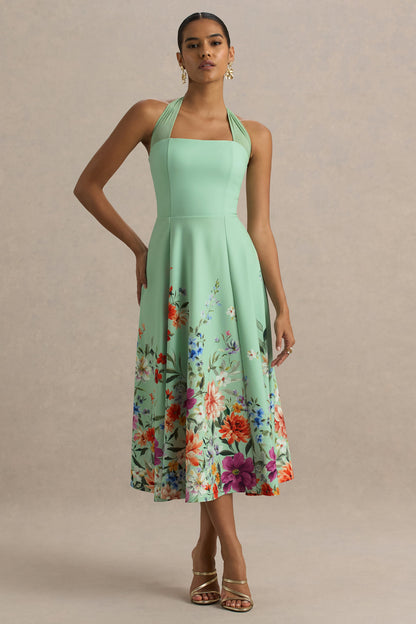 Auburn | Vestido midi con escote halter en verde menta con detalle de flores en el bajo