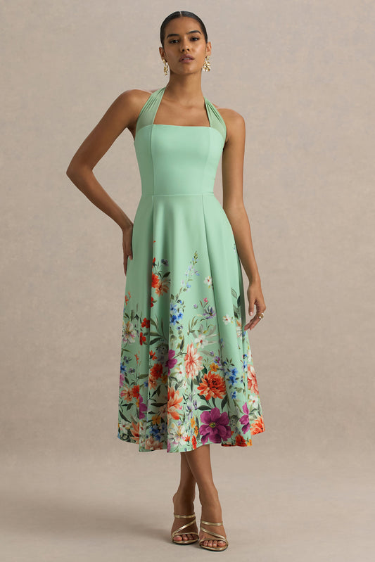 Auburn | Vestido midi con escote halter en verde menta con detalle de flores en el bajo