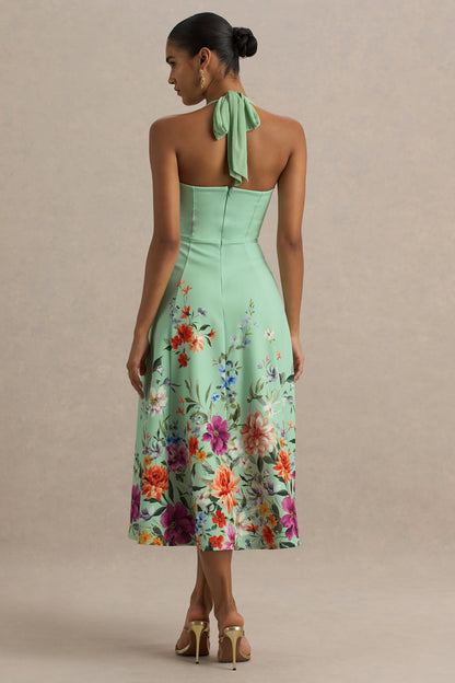 Auburn | Vestido midi con escote halter en verde menta con detalle de flores en el bajo