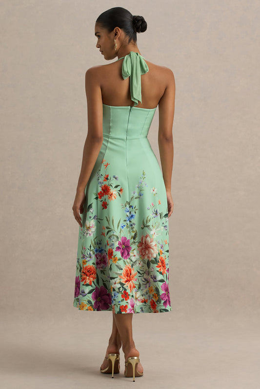 Auburn | Vestido midi con escote halter en verde menta con detalle de flores en el bajo