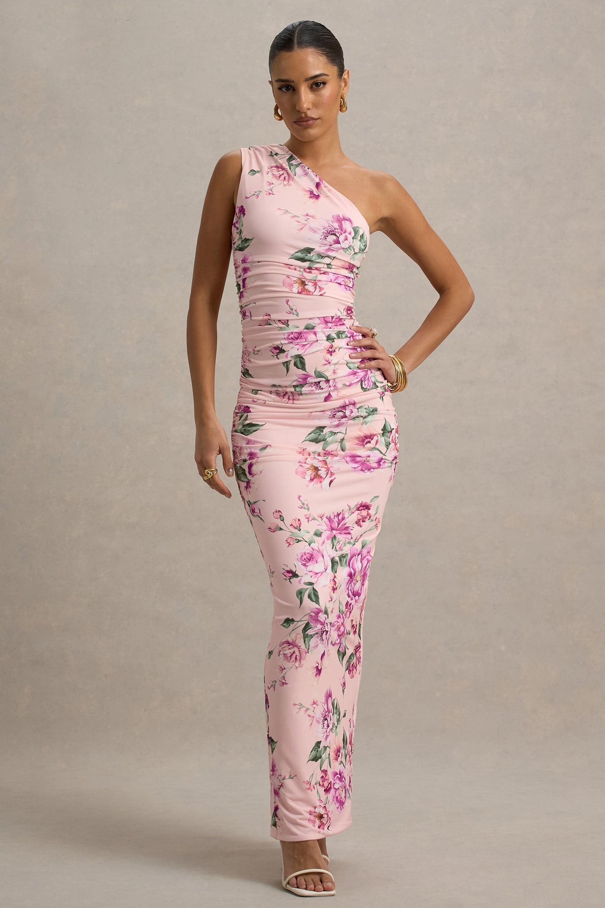 Dalarie | Vestido largo fruncido con escote asimétrico y estampado floral