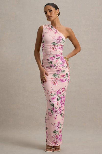 Dalarie | Vestido largo fruncido con escote asimétrico y estampado floral