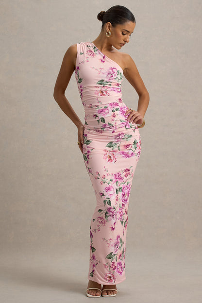 Dalarie | Vestido largo fruncido con escote asimétrico y estampado floral