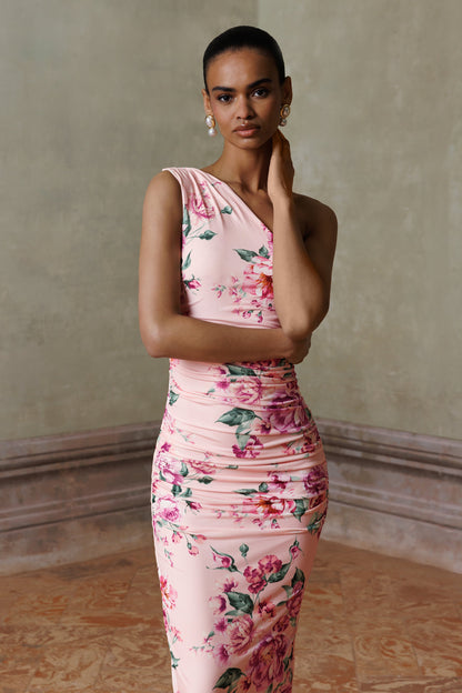 Dalarie | Vestido largo fruncido con escote asimétrico y estampado floral