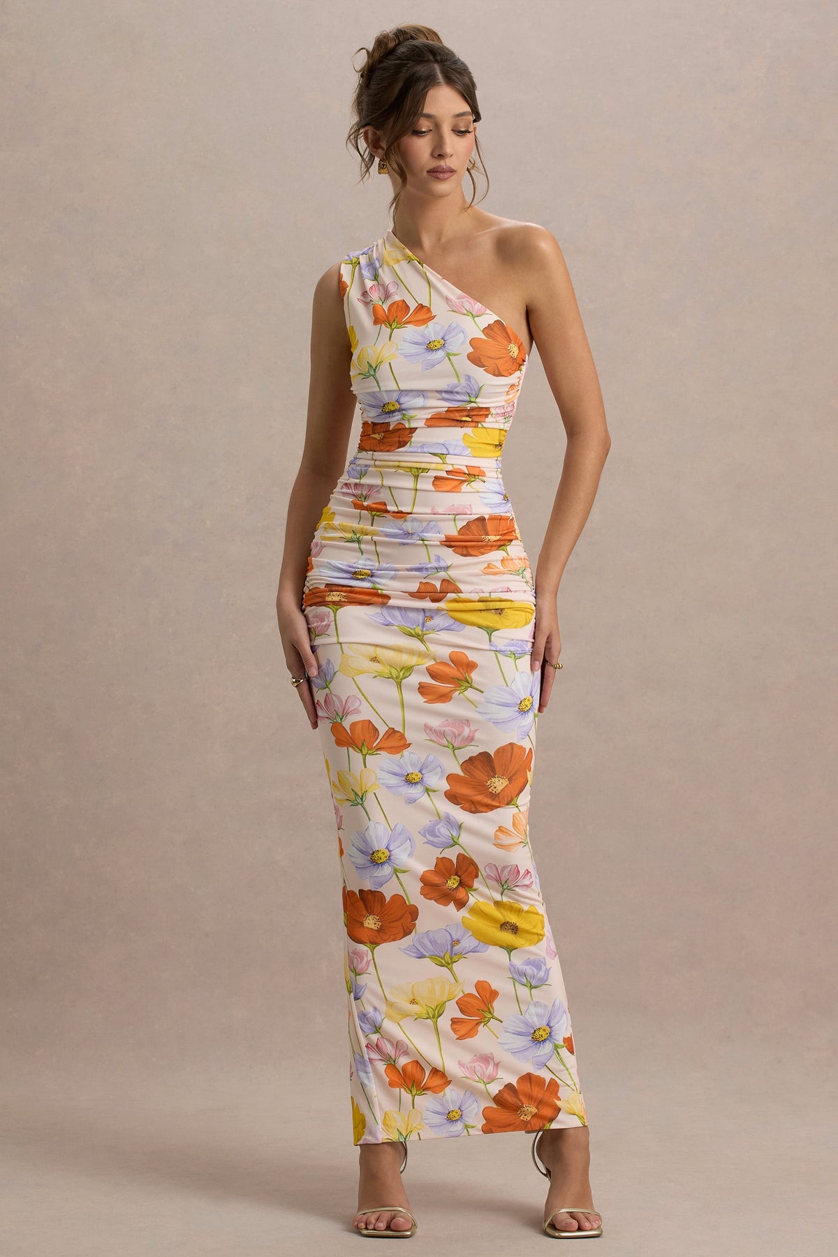 Dalarie | Vestido Largo Asimétrico de Un Hombro con Estampado Floral y Fruncido