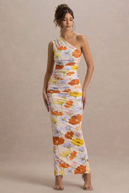 Dalarie | Vestido Largo Asimétrico de Un Hombro con Estampado Floral y Fruncido