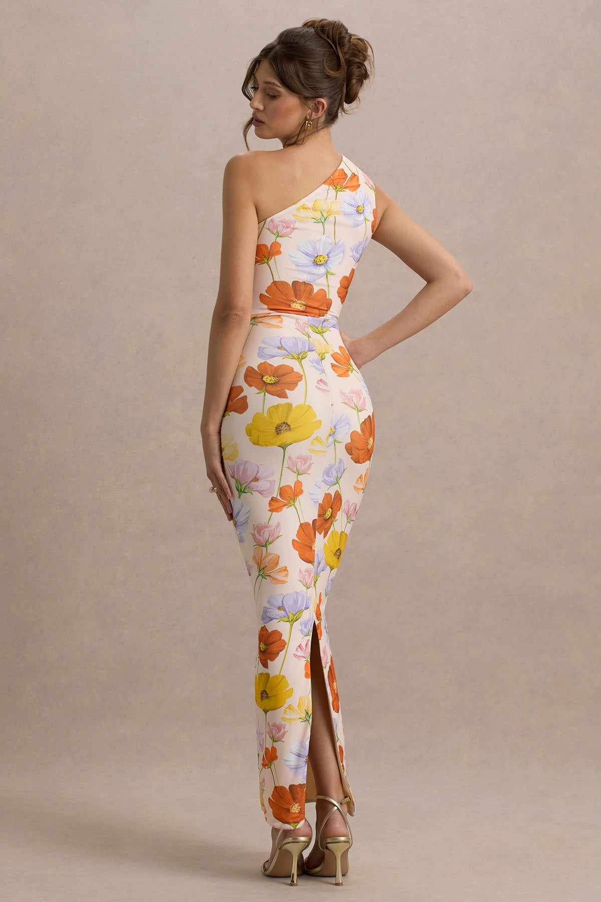 Dalarie | Vestido Largo Asimétrico de Un Hombro con Estampado Floral y Fruncido