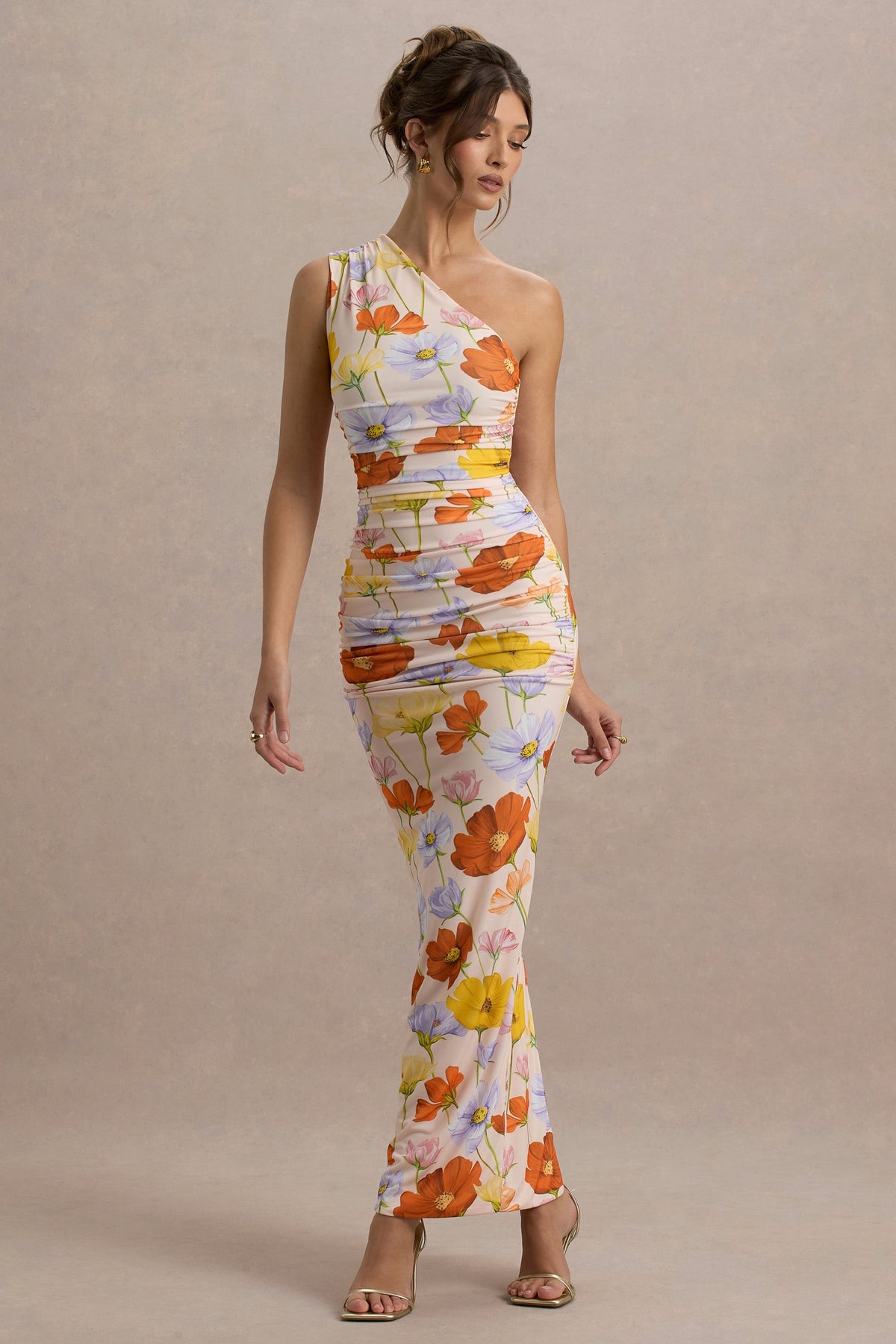 Dalarie | Vestido Largo Asimétrico de Un Hombro con Estampado Floral y Fruncido