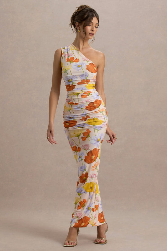 Dalarie | Vestido Largo Asimétrico de Un Hombro con Estampado Floral y Fruncido
