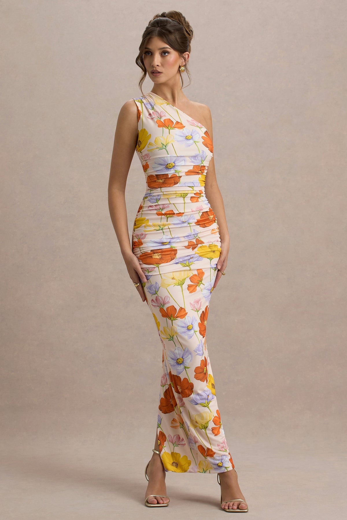 Dalarie | Vestido Largo Asimétrico de Un Hombro con Estampado Floral y Fruncido