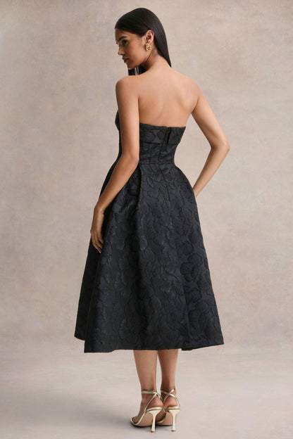 Zuma | Vestido midi negro de jacquard metálico sin tirantes