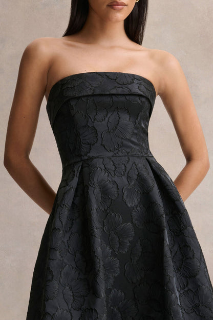 Zuma | Vestido midi negro de jacquard metálico sin tirantes