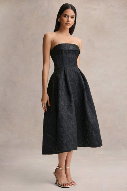 Zuma | Vestido midi negro de jacquard metálico sin tirantes