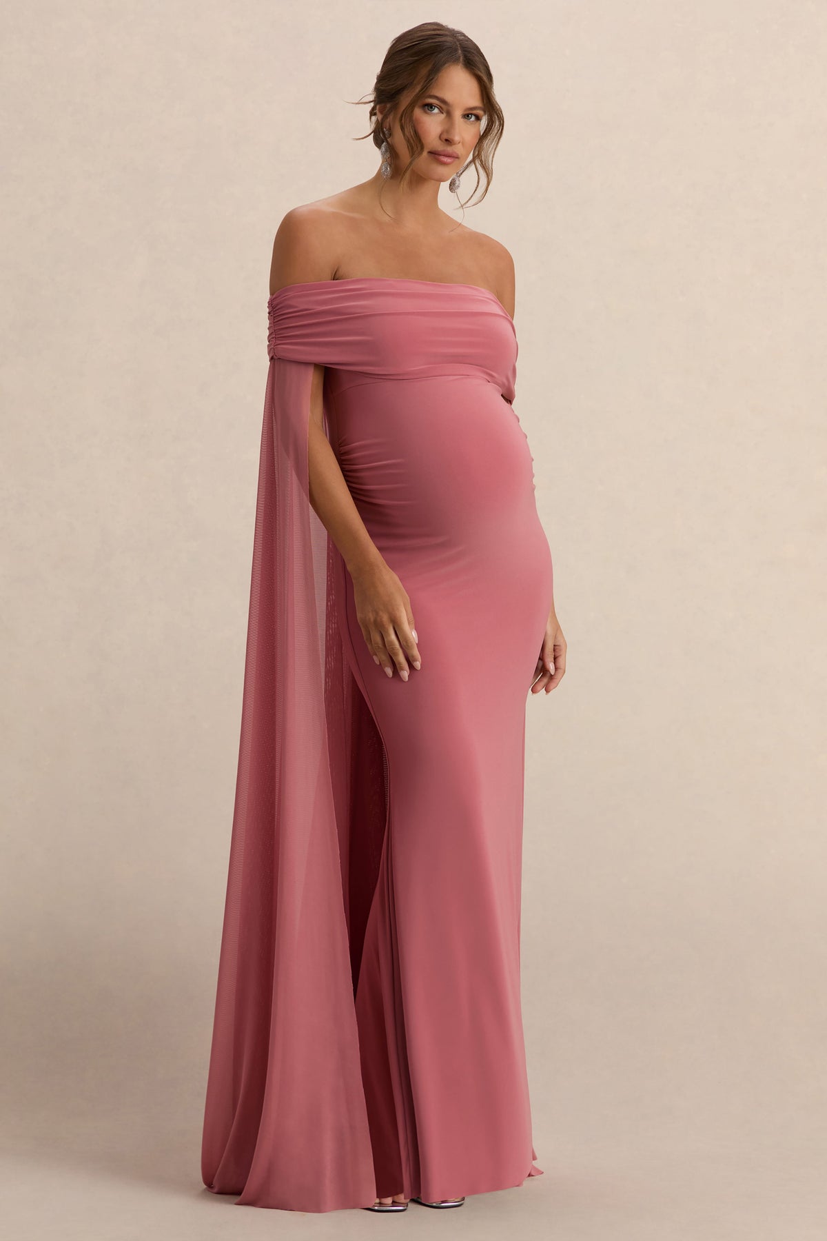 Carlotta | Vestido largo de maternidad en rosa con capa de chifón trasera
