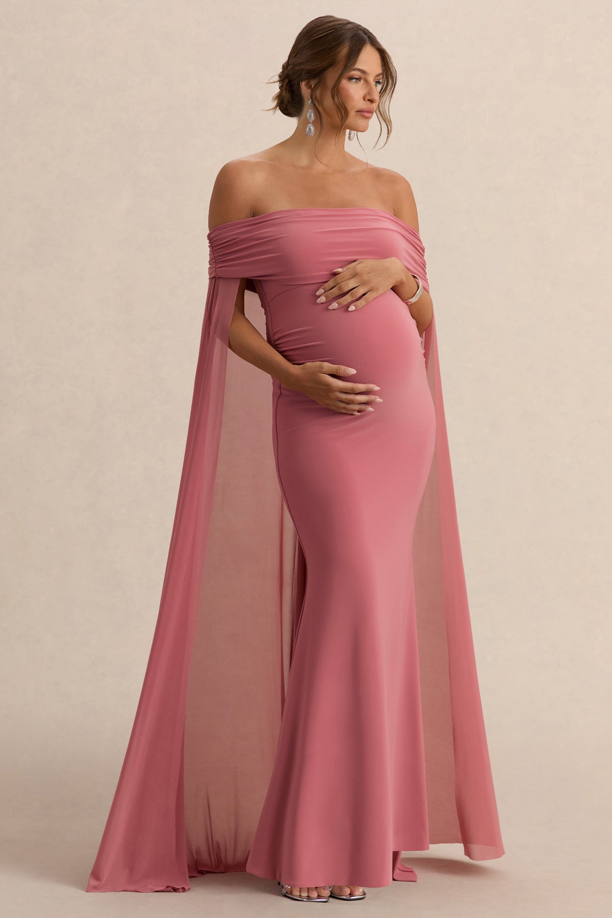 Carlotta | Vestido largo de maternidad en rosa con capa de chifón trasera