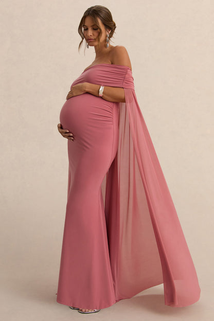 Carlotta | Vestido largo de maternidad en rosa con capa de chifón trasera