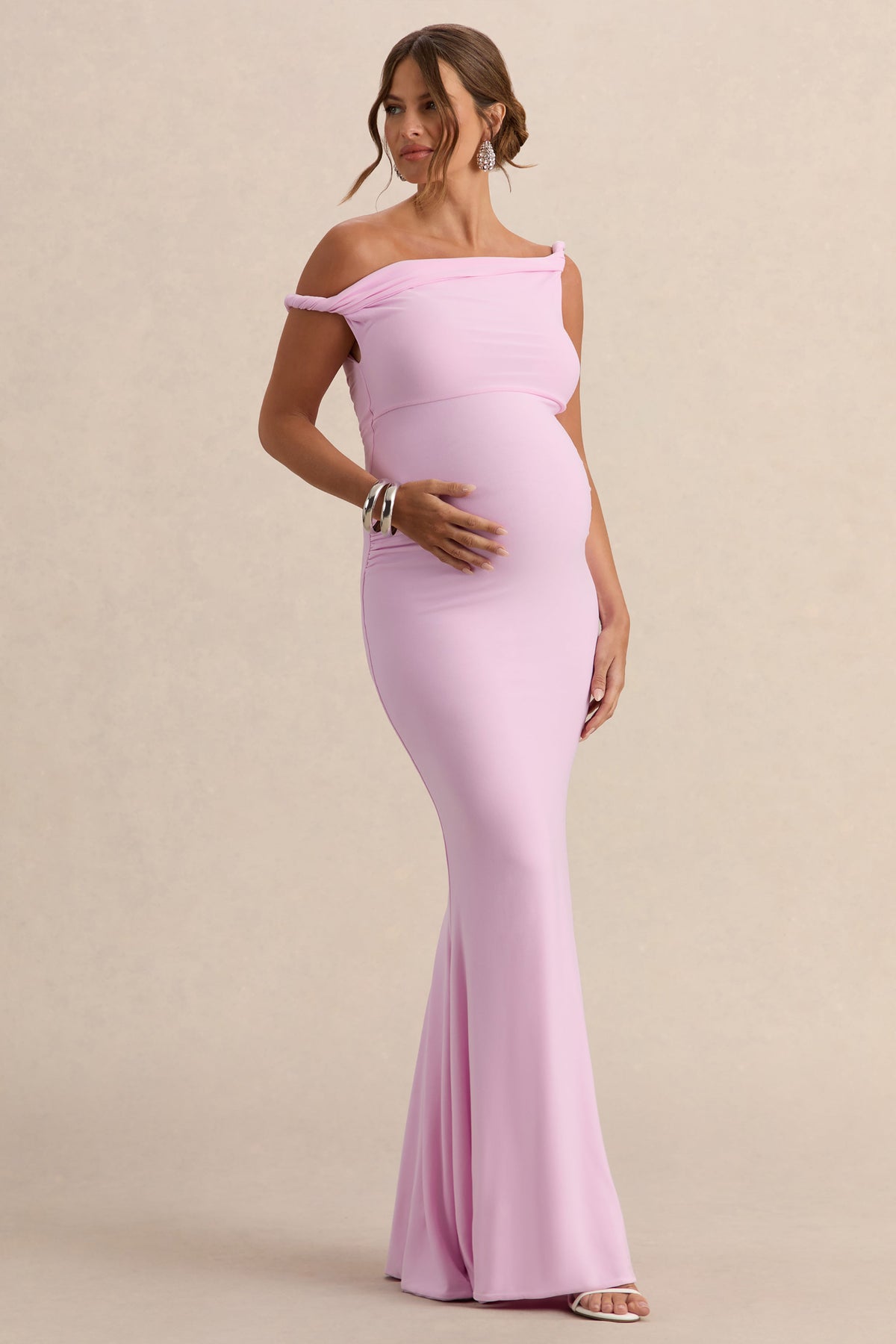 Lita | Vestido largo de premamá Rosa con Escote Asimétrico Torcido