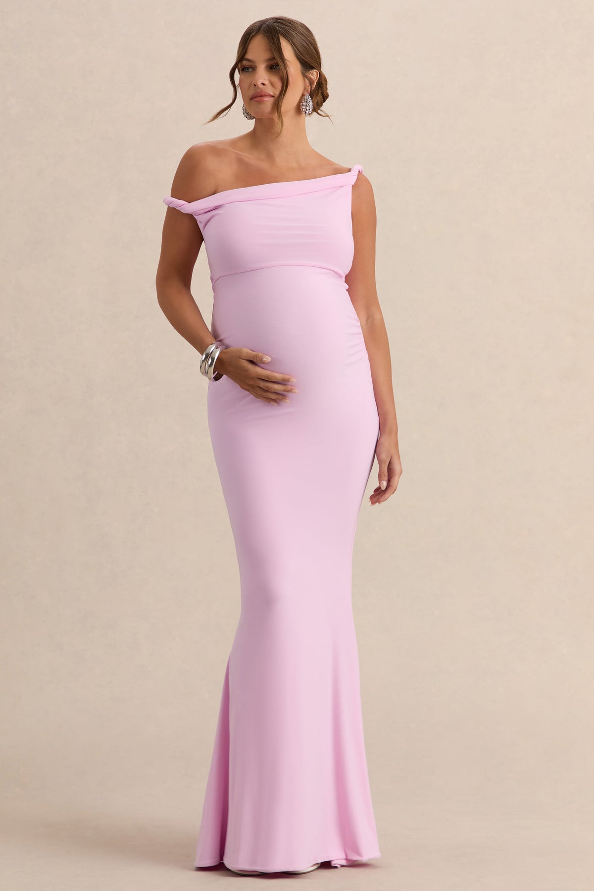 Lita | Vestido largo de premamá Rosa con Escote Asimétrico Torcido