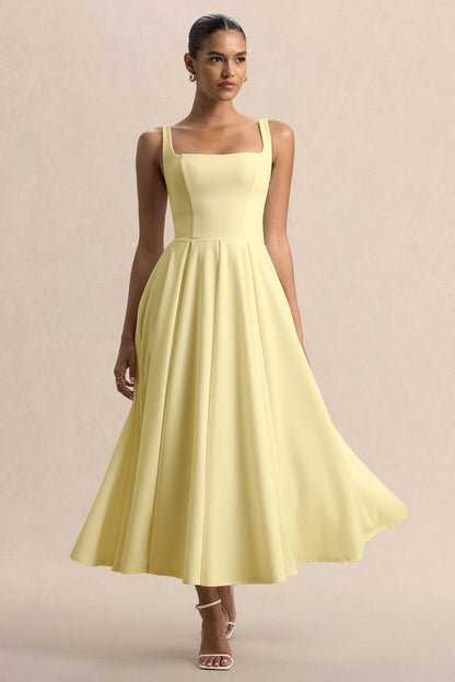 Parina | Vestido Midi Color Limón Con Tirantes Y Falda Con Volumen