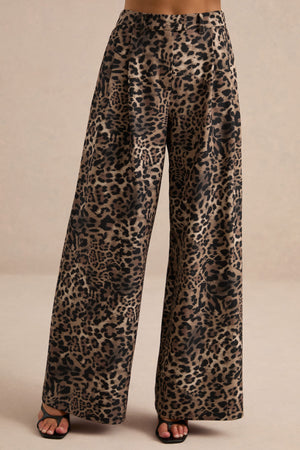 Shaniya | Pantalones Estampados De Leopardo Marrón De Tiro Alto Y Pierna Ancha