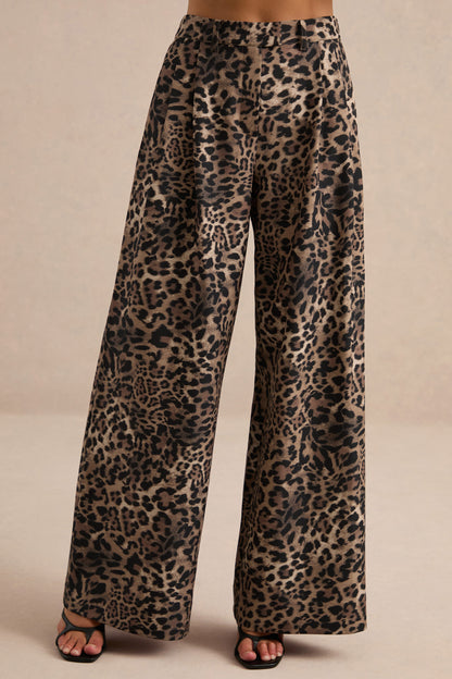 Shaniya | Pantalones Estampados De Leopardo Marrón De Tiro Alto Y Pierna Ancha