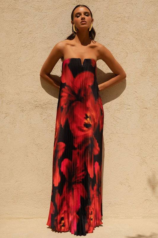 Bergamot | Vestido largo plisado con escote en v y detalle floral negro y rojo