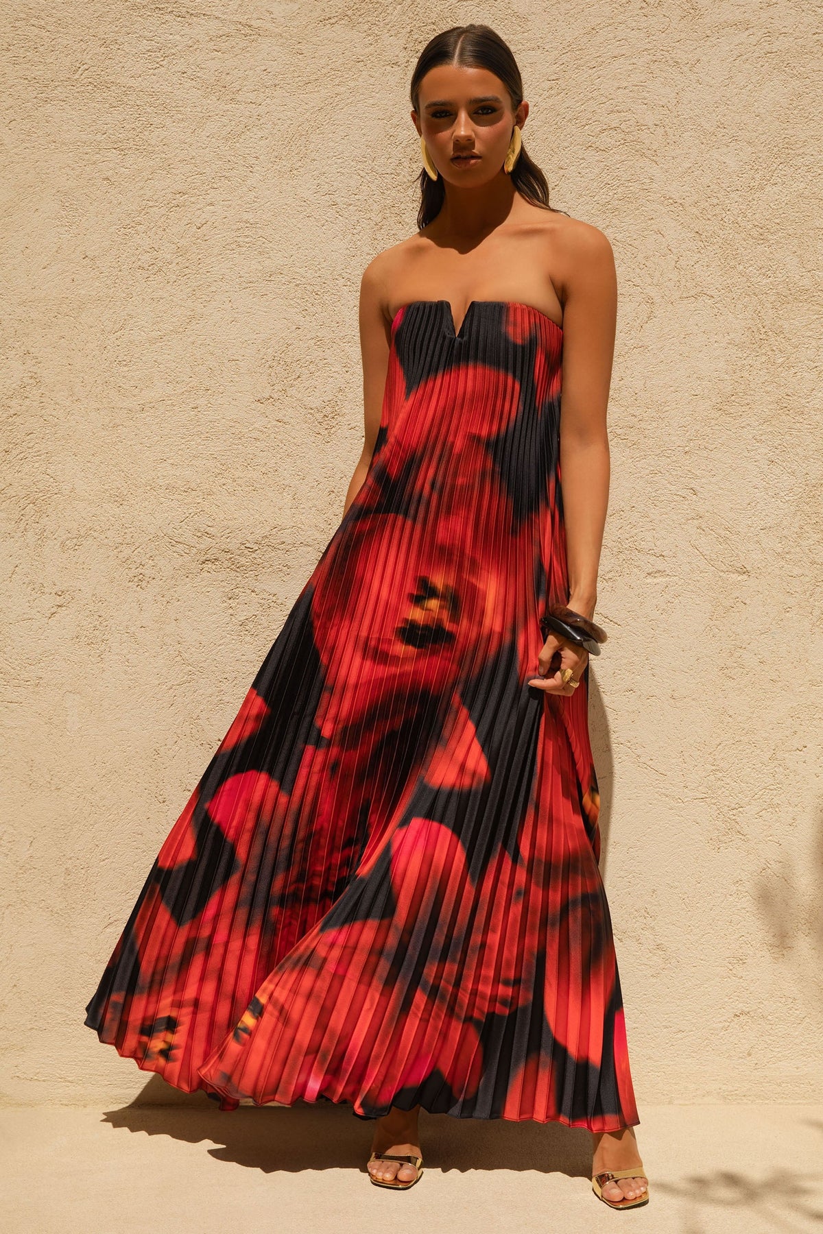 Bergamot | Vestido largo plisado con escote en v y detalle floral negro y rojo