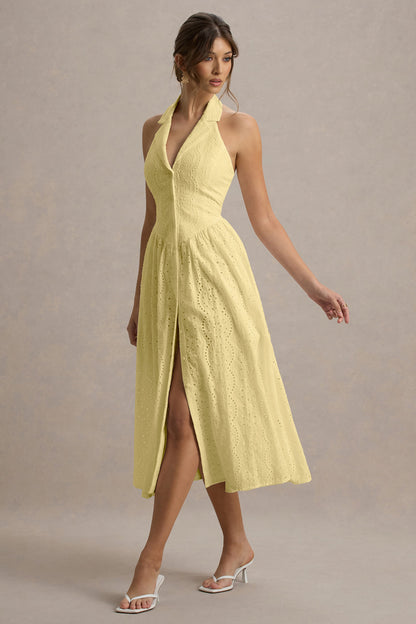 Jezebel | Vestido Midi Amarillo De Broidery Premium con Cuello Halter y Cuello
